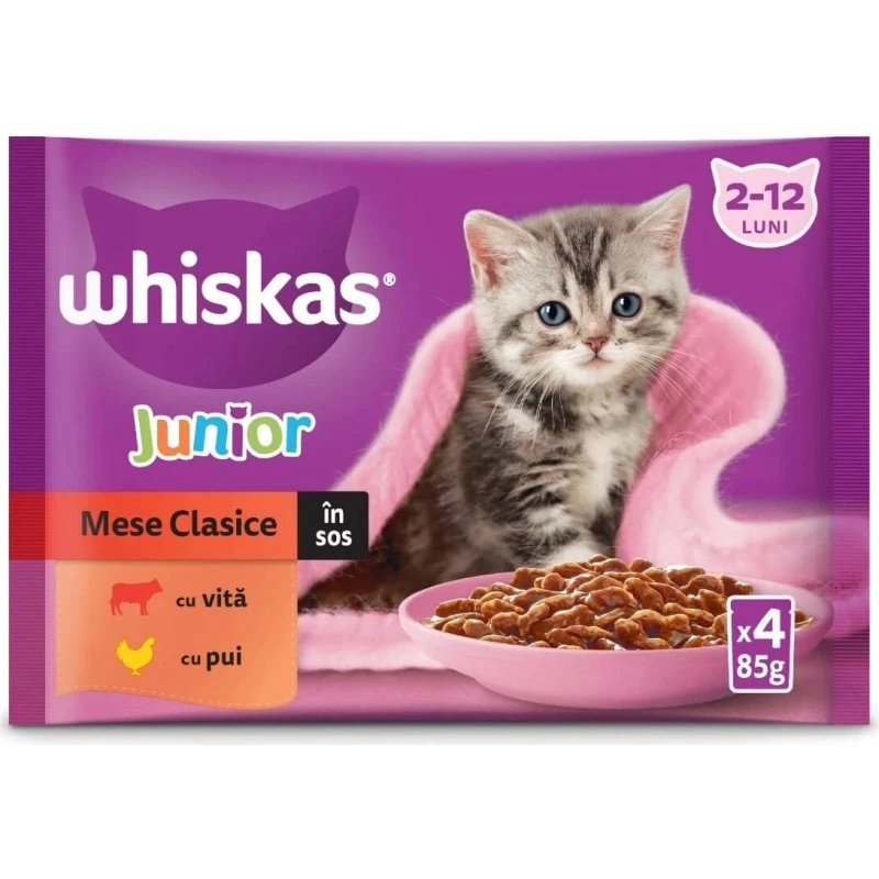 Whiskas Junior Classic Rind & Huhn Nassfutter für junge Katzen, 4x85g