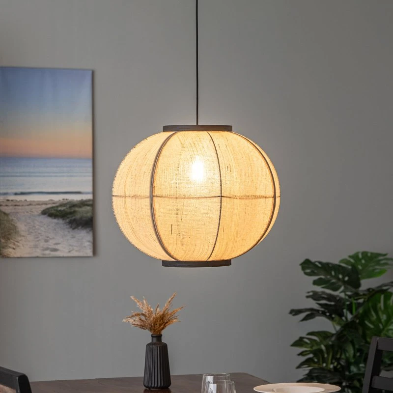 Lindby Pendelleuchte Aurinil, Leinen, Ø 48cm, Holzfarben