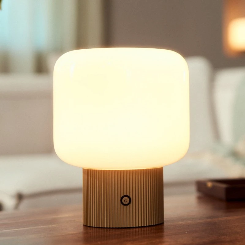 Lucande LED-Akku-Tischleuchte Katrin Palme, Beige, Glas
