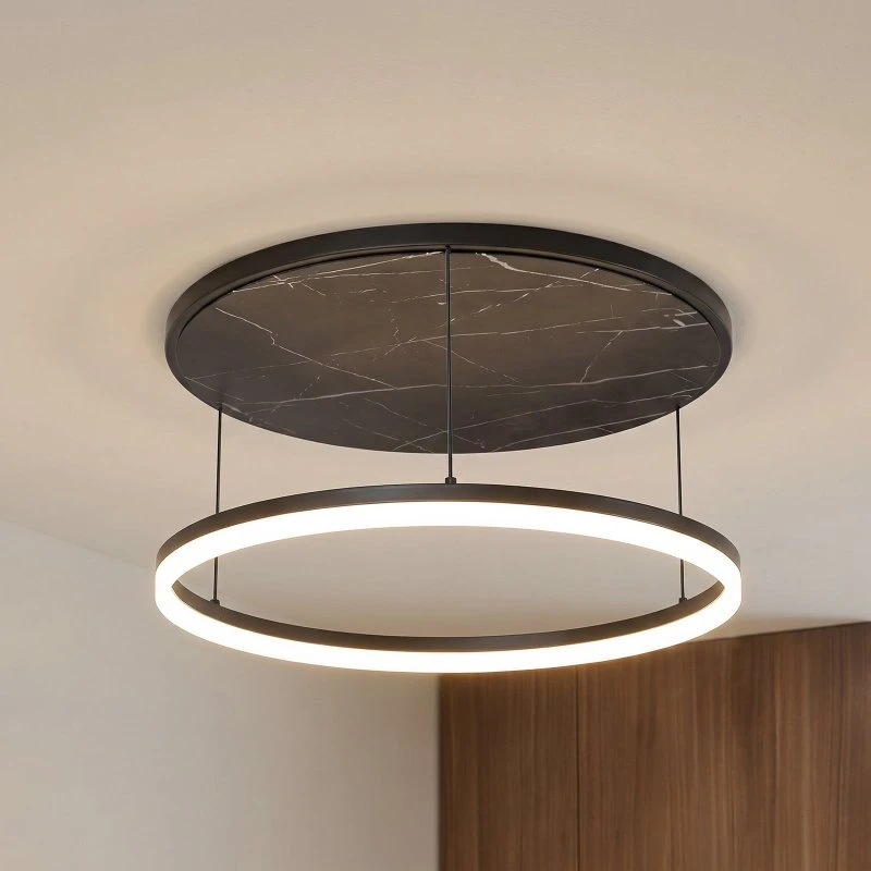 Lucande LED-Deckenlampe Orven, Schwarz/Marmor, Ø 50 cm, dimmbar