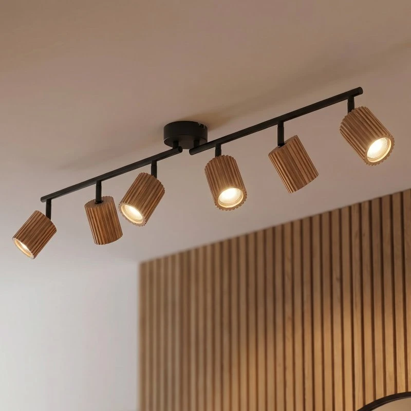 Lindby Deckenstrahler Stralino, 6-flammig, 102cm, Holz & Eisen