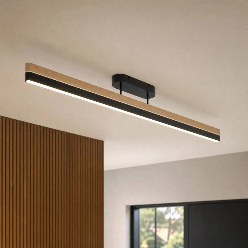 Lucande LED-Deckenleuchte Holven, 113 cm, Schwarz/Holz, CCT, dimmbar