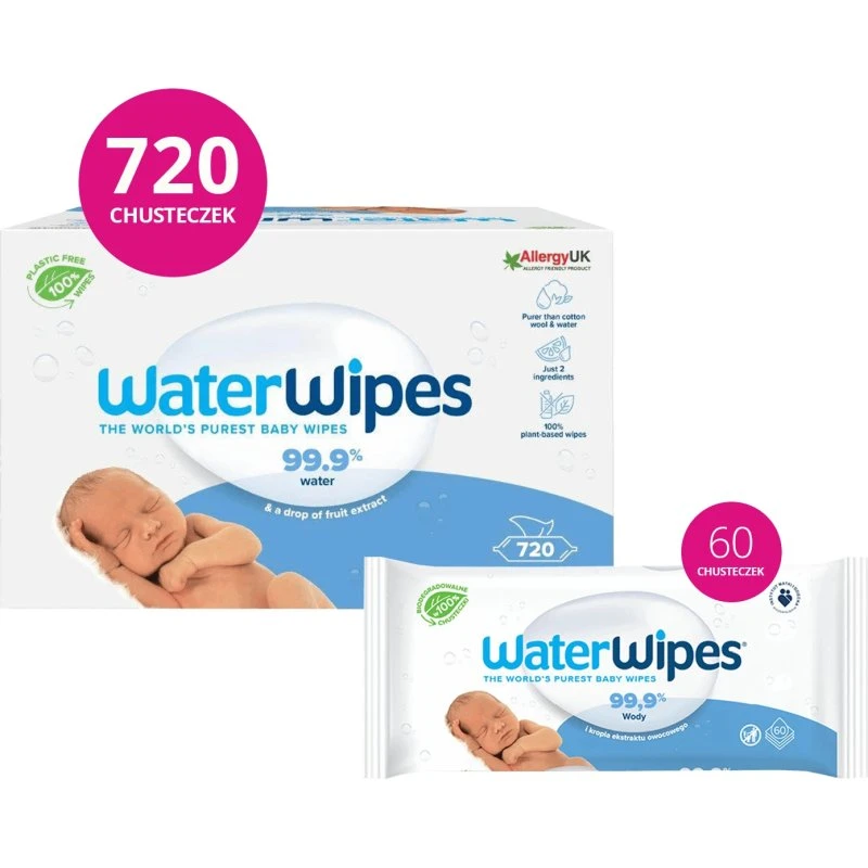 WaterWipes Bio Feuchttücher, 99,9% Wasser, 12 x 60 Stück