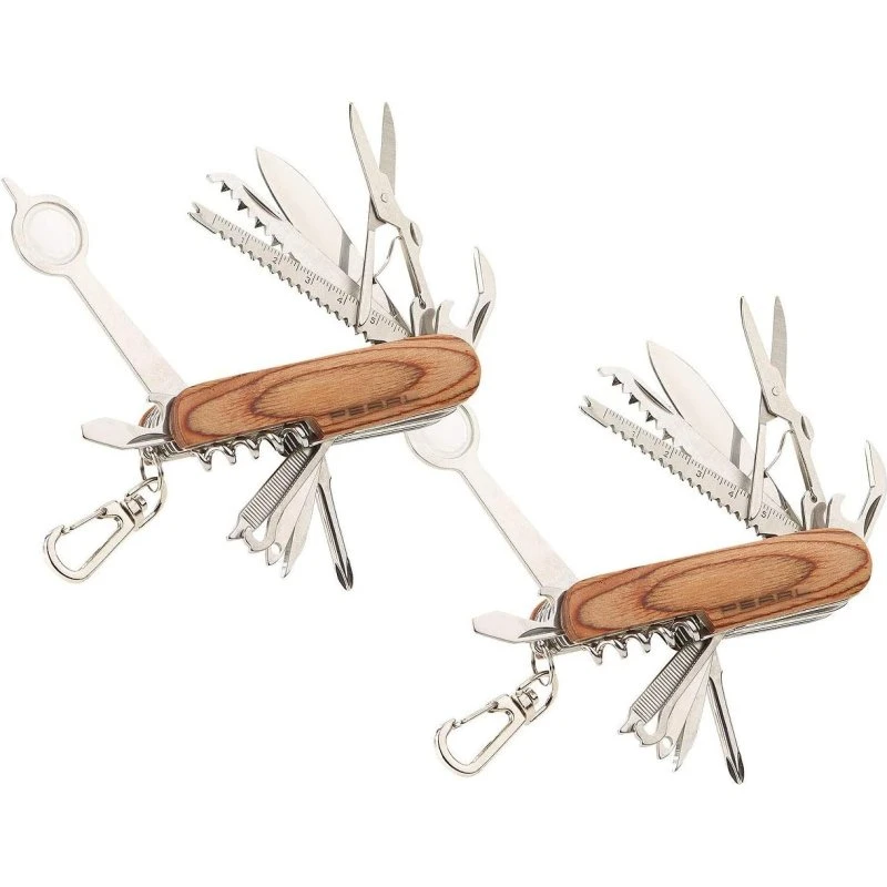 PEARL 2er-Set 16in1 Taschenmesser Edelstahl Echtholz