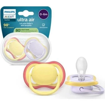 Philips Avent Ultra Air Schnuller, Lila/Gelb, 0-6 Monate, 2er-Set