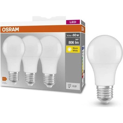 Osram Base Classic A 8,5W 827 Warmweiß E27 3er Pack