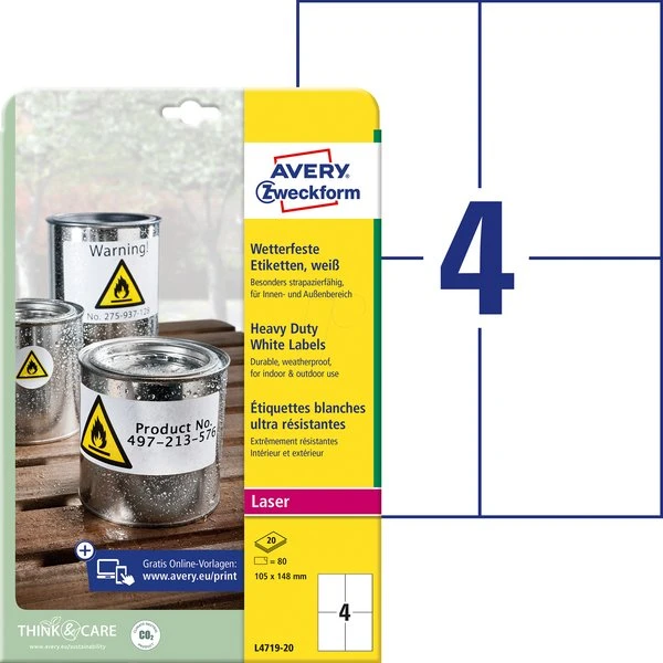 AVERY Zweckform Wetterfeste Etiketten 105 x 148 mm weiß 20 Bogen