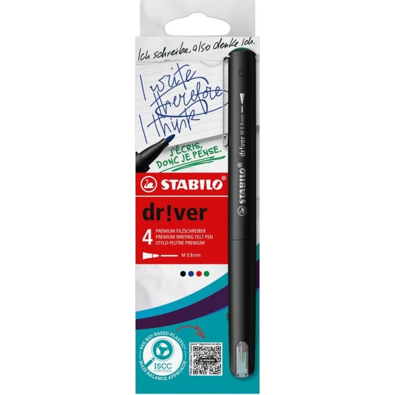 STABILO Fineliner dr!ver M, 4er-Set, 0,8 mm, farbig sortiert