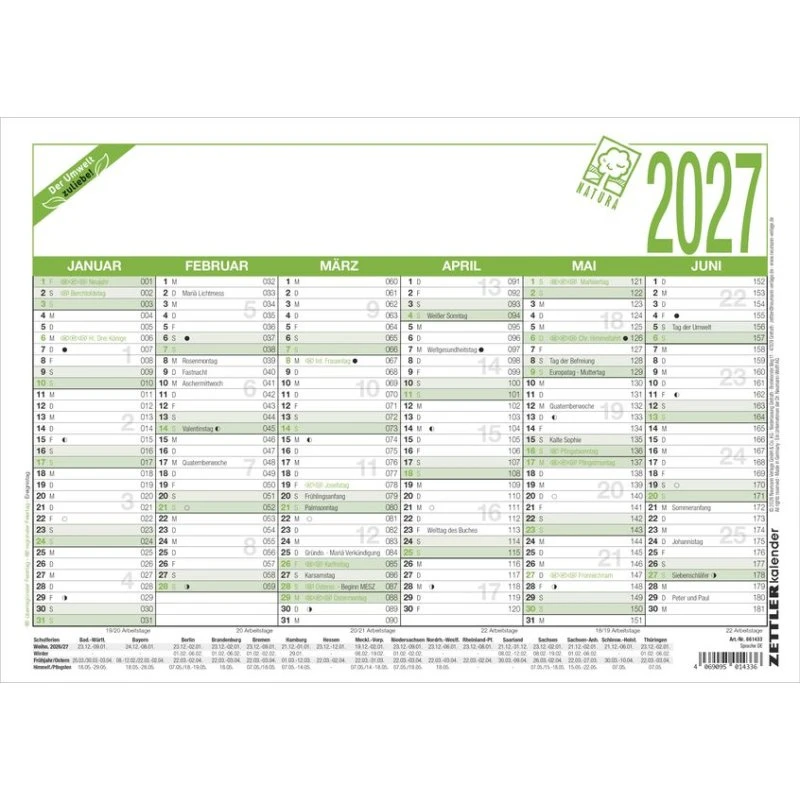 ZETTLER Tafelkalender Natura 2027, DIN A4, Recyclingpapier