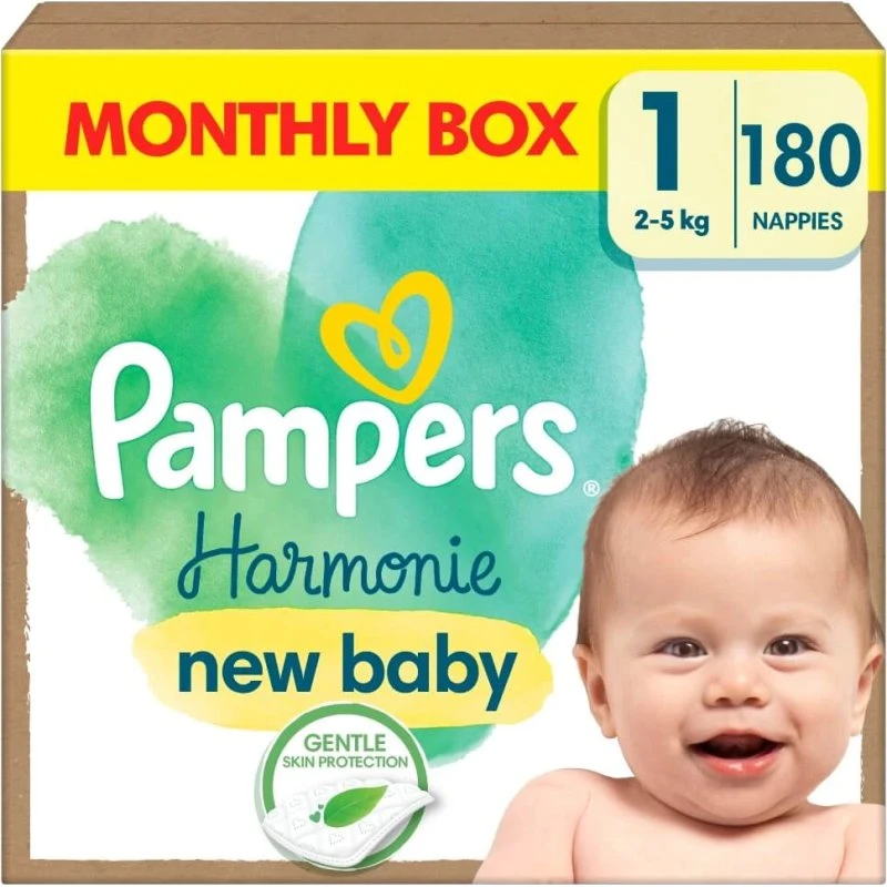 Pampers Harmonie Windeln Größe 1 (2-5 kg), 180 Stück Monatsbox