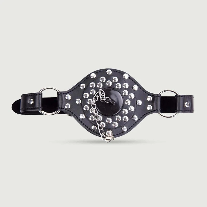 Lederknebelmaske mit Nieten, O-Ring & abnehmbarem Stecker - Schwarz