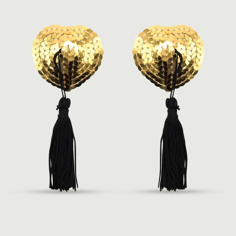 Pailletten Nippel Pasties mit Quasten - Gold/Schwarz