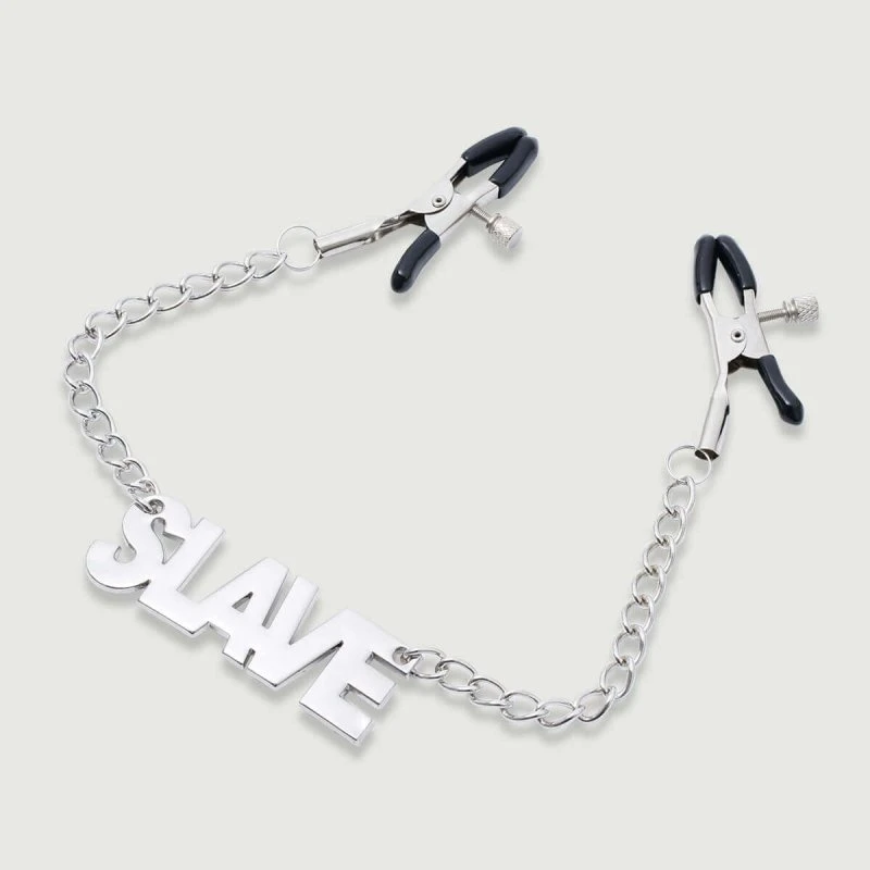 Sexopolis Nippelklammern mit Kette & SLAVE Tag - Silber