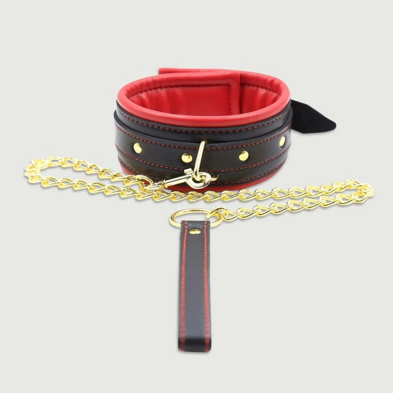 Gepolstertes Lederhalsband mit Goldkette - Schwarz/Rot