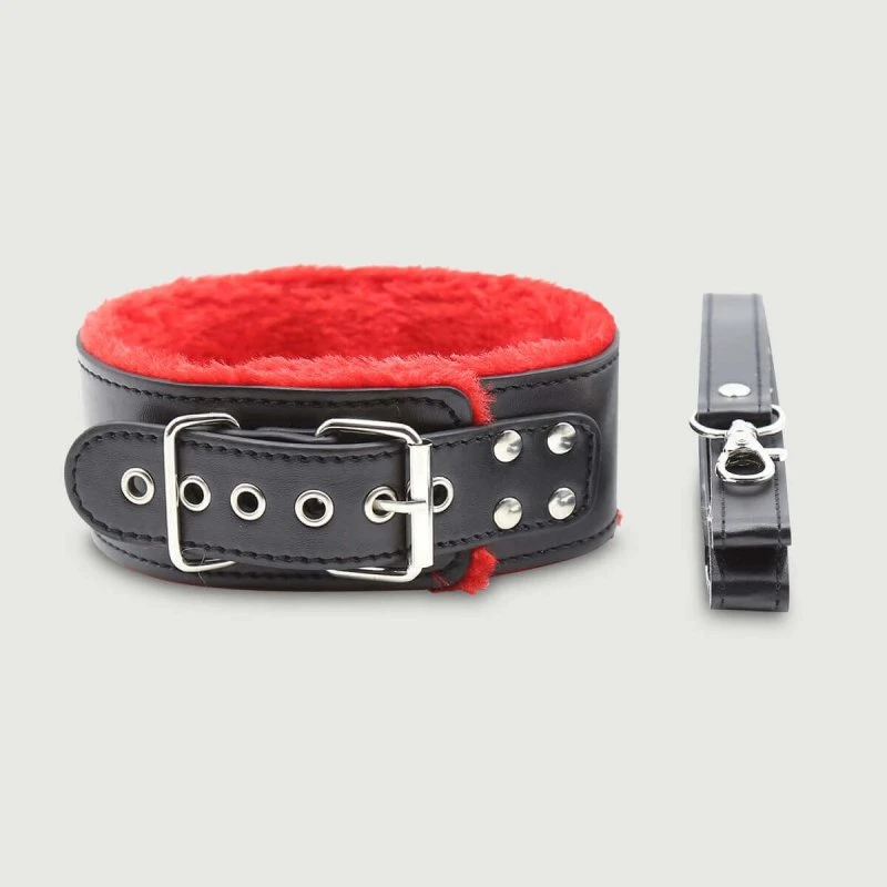 Halsband mit Leine und Fellunterleger - Rot/Schwarz