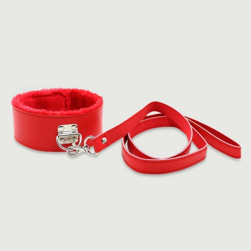 Halsband mit Leine und Fellfutter - Rot