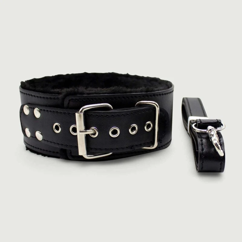 Halsband mit Leine und Fell-Innenfutter - Schwarz