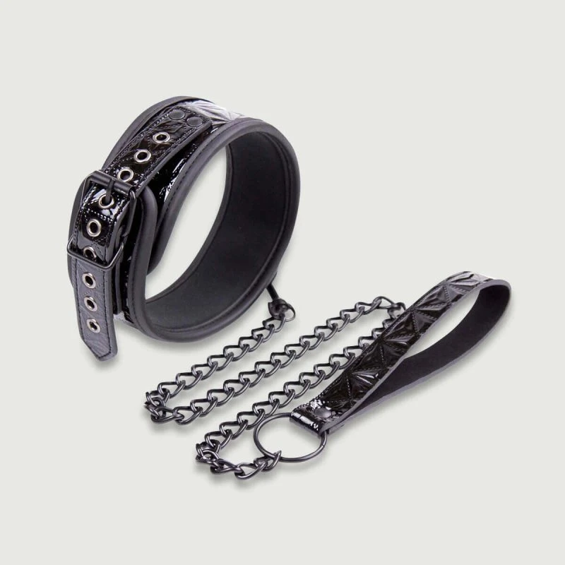 Halsband mit Kette und Lederleine - Schwarz