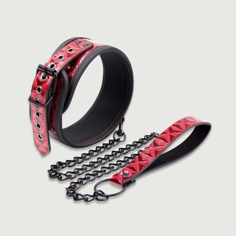 Halsband mit Kette und Lederleine - Rot