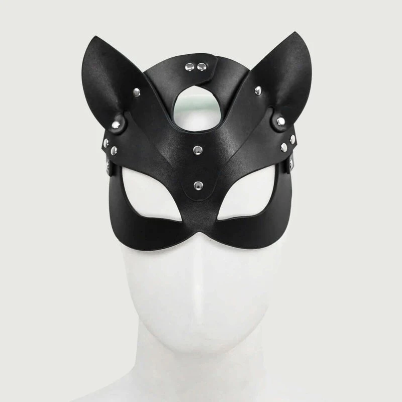 Katzenmaske aus schwarzem Leder mit verstellbarem Riemen