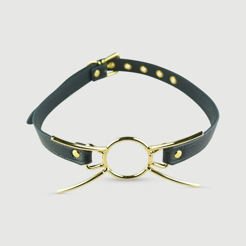 Verstellbarer Spinnenknebel mit Metallring und Lederriemen - Gold