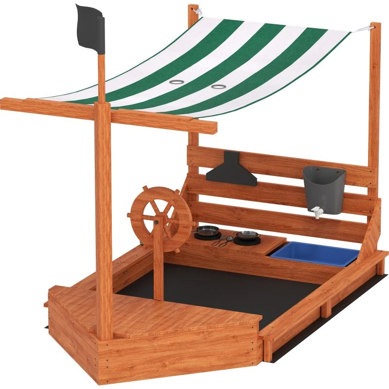 Outsunny Piratenschiff-Sandkasten mit Sonnendach, 180 x 103 x 144,5 cm, Grün
