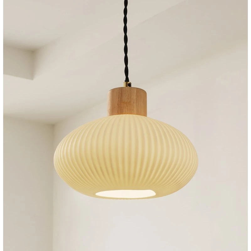 Lindby Pendelleuchte Paulie - Weiß, Keramik & Holz - Ø 23 cm