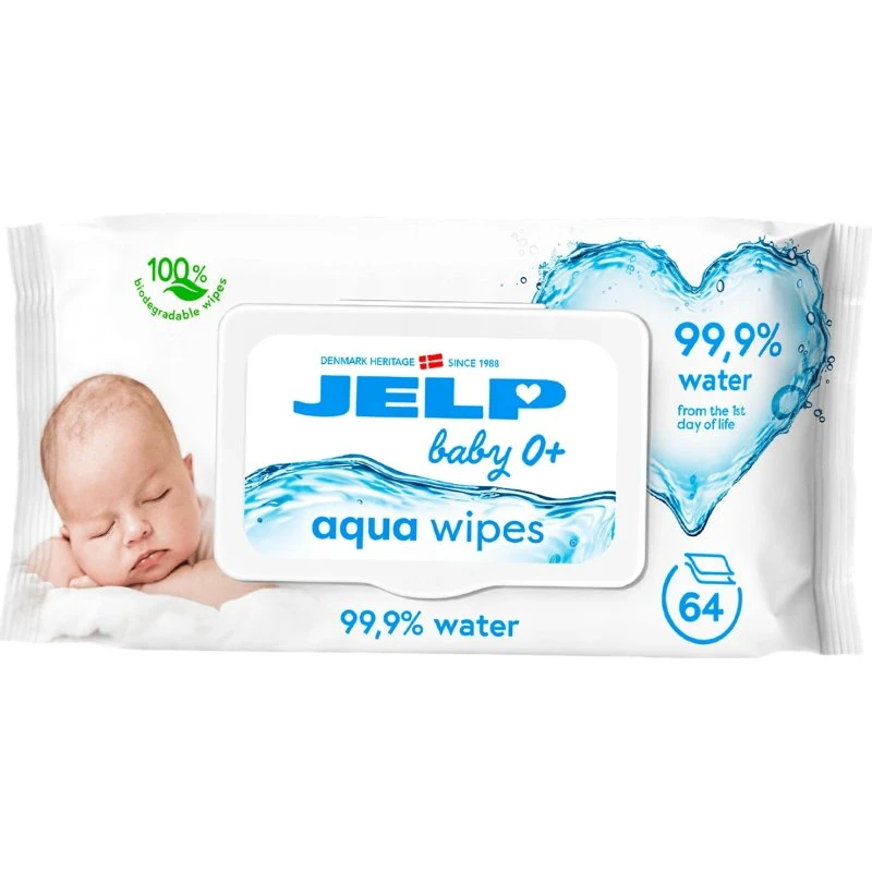 Jelp Baby 0+ Aqua Wipes Feuchttücher, 99,9% Wasser, 64 Stück