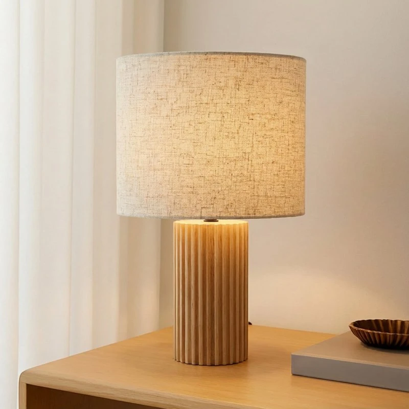 Lindby Tischleuchte Kimiko, 38 cm, Holz & Textil, Beige
