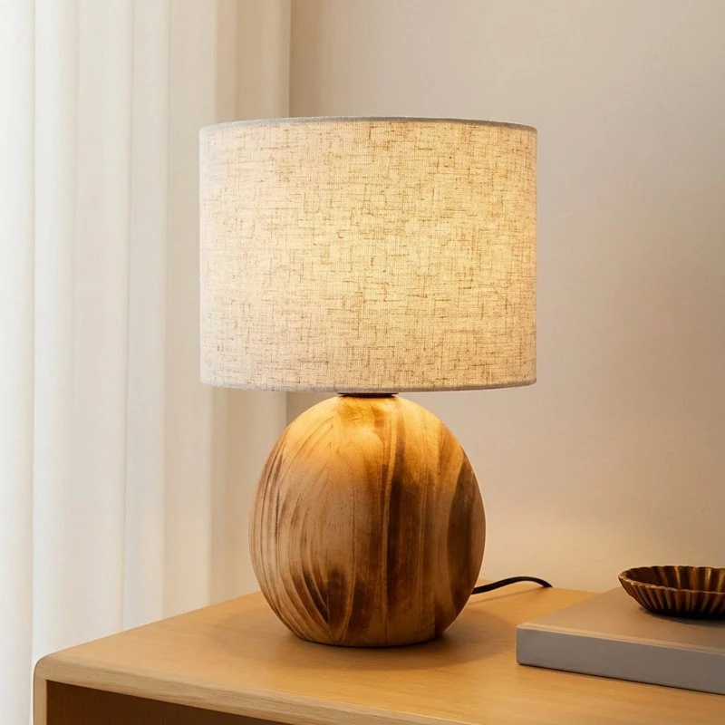 Lindby Tischleuchte Mayumi, Holz & Textil, 31 cm, E27