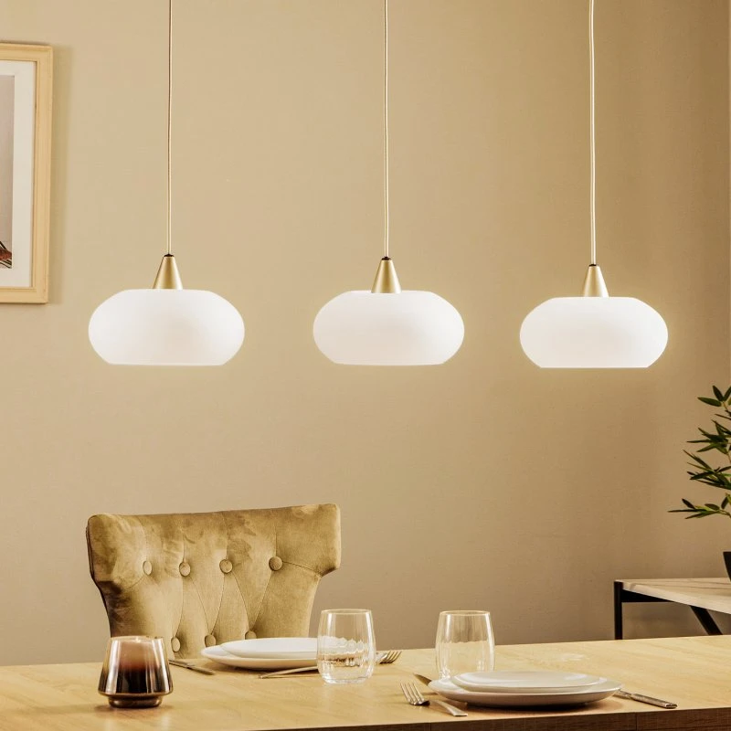 Lucande Hängeleuchte Sharvil, 3-flammig, Weiß/Nickel, Glas, 97cm