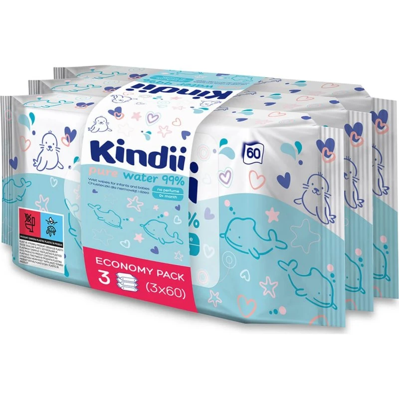 Kindii Pure Water 99% Feuchttücher für Babys, 3 x 60 Stück