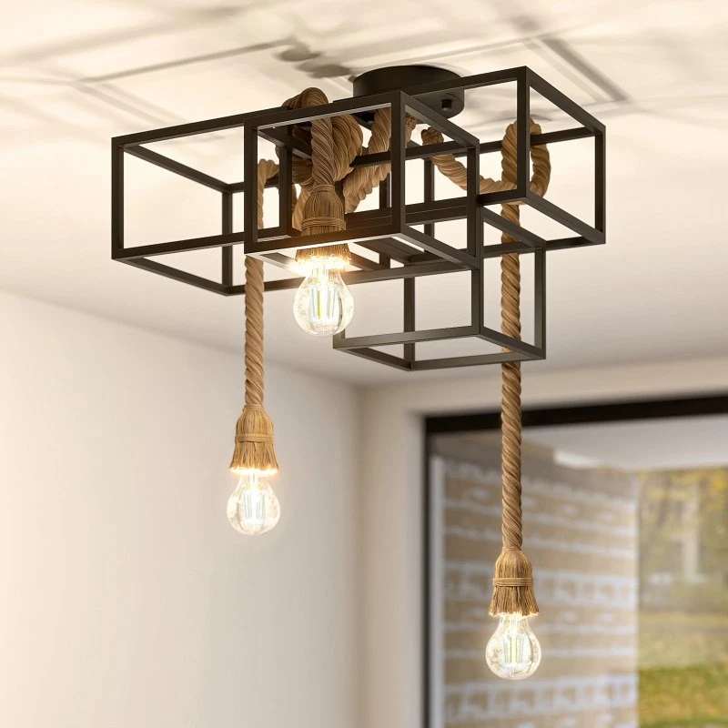 Lucande Deckenleuchte Andrik - Schwarz, 44 cm, 3-flächig mit Hanfseil