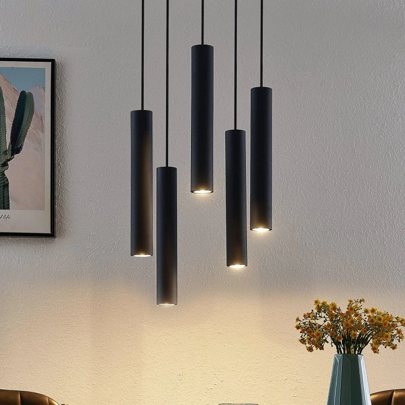 Lindby Pendelleuchte Sanad Schwarz, 5-flammig, Ø 40 cm