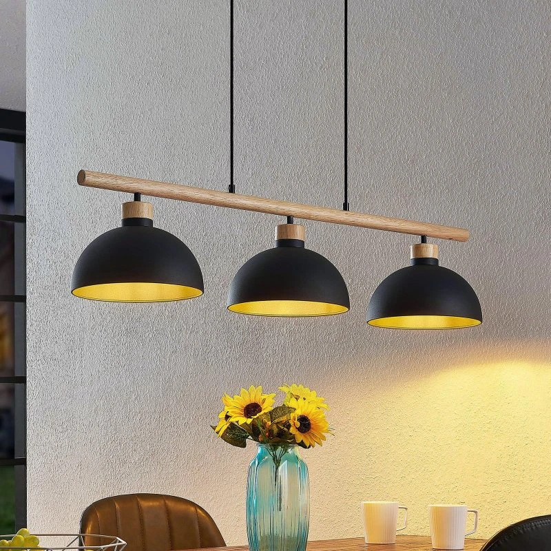 Lindby Hängeleuchte Tirzana, 3-flg., Schwarz/Holz