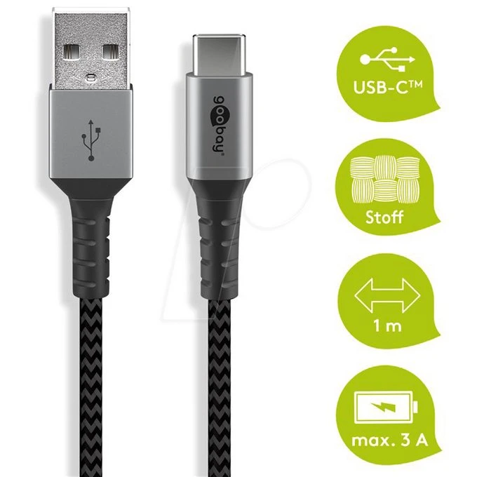 goobay USB-C auf USB-A Textilkabel 1 m spacegrau/silber