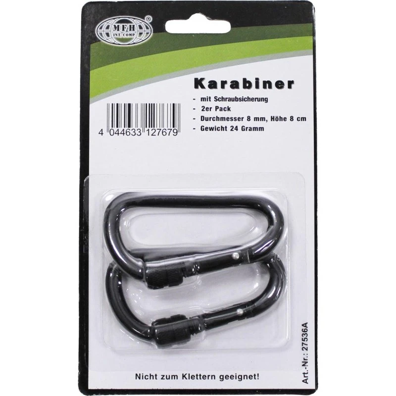 MFH Karabiner Schraubverschluss 8mm x 8cm, 2er Pack, schwarz