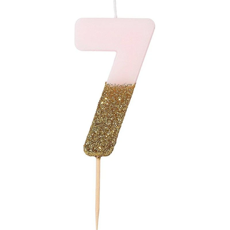 Glitter-Zahlenkerze rosa/gold 0-9, 8 cm
