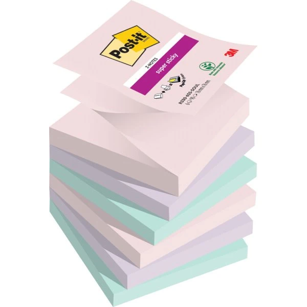 Post-it Super Sticky Z-Notes 76x76 mm, Rosa/Flieder/Mint, 6 Blöcke