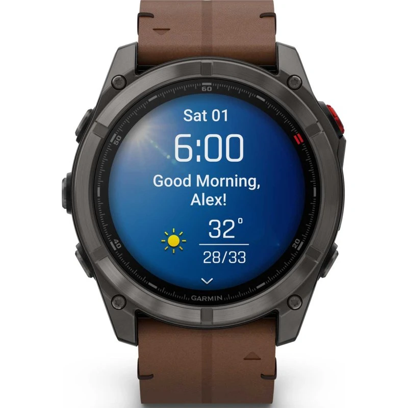 Garmin fēnix 8 Pro 51mm AMOLED Titan DLC-Carbongrau braunes Lederband