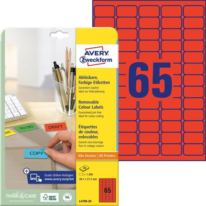 AVERY Zweckform Stick&Lift Etiketten rot, 38,1 x 21,2 mm, 1.300 Stück