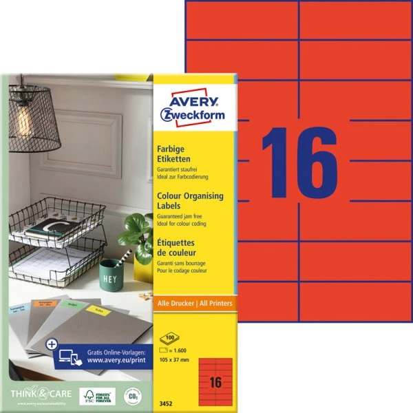 Avery Zweckform Etiketten 105x37 mm rot, 100 Bögen