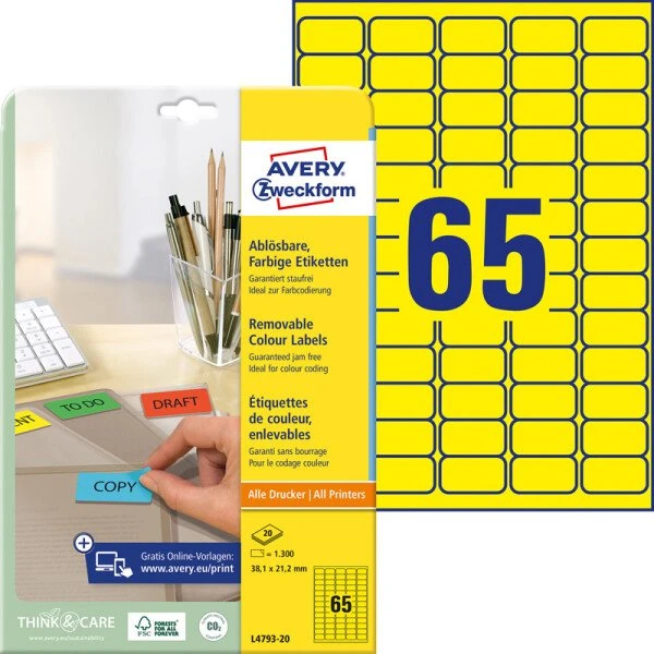 AVERY Zweckform Stick&Lift Etiketten 38,1 x 21,2 mm gelb, 1.300 St.