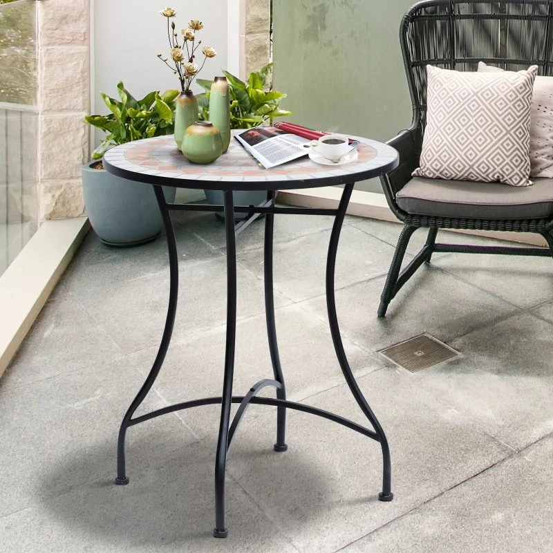 Outsunny Gartentisch 84B-254, rund, 60 cm, Orange-Weiß, Stahl + Keramik
