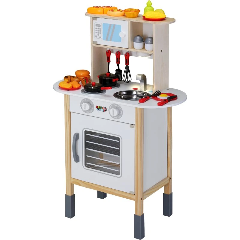 Spielwerk Happy Kitchen Holzküche mit Mikrowelle, weiß, 57 x 29,5 x 83 cm