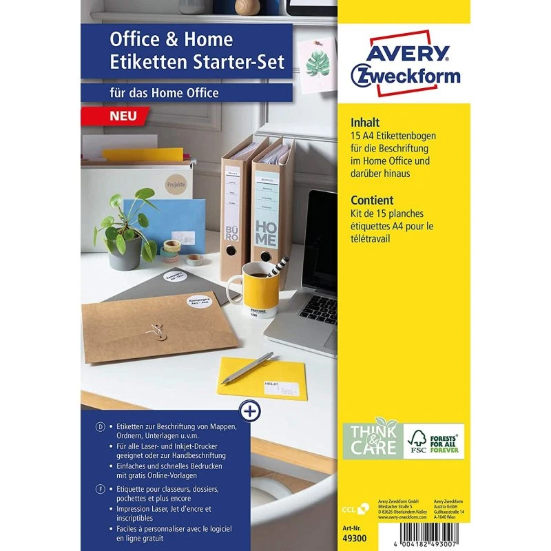 AVERY ZWECKFORM Etiketten-Set 49300, 15 Blatt, Gelb, Naturbraun, Weiß