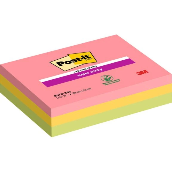 Post-it Super Sticky Meeting Notes, 203 x 153 mm, 3 Blöcke, sortiert
