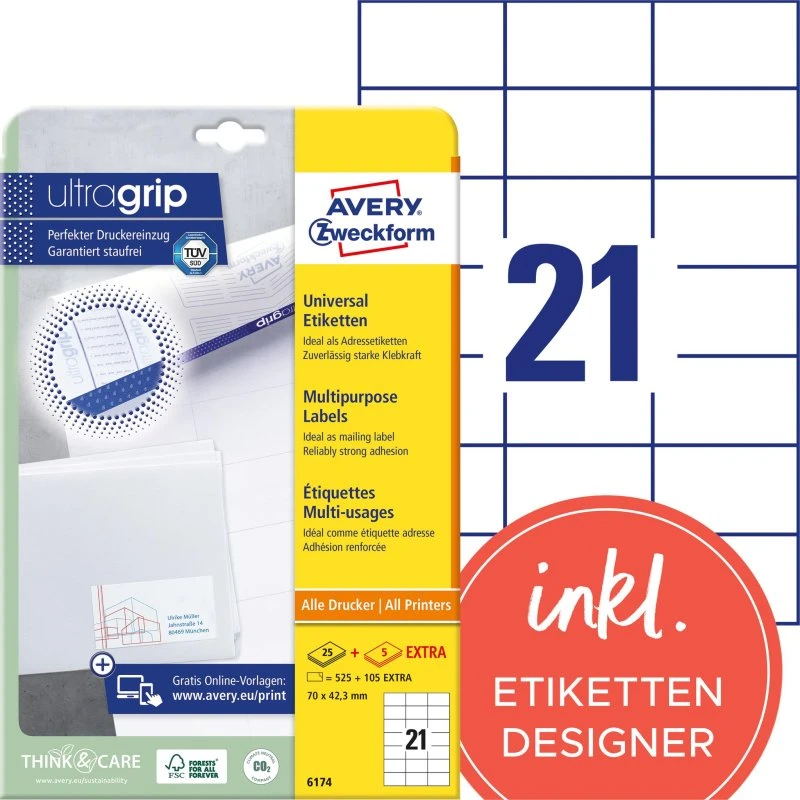 AVERY Zweckform 6174 Ultragrip Etiketten 70x42,3 mm weiß 630 Stück