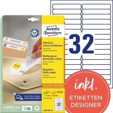 Avery Zweckform Wiederablösbare Etiketten 96x16,9 mm, weiß, 800+160