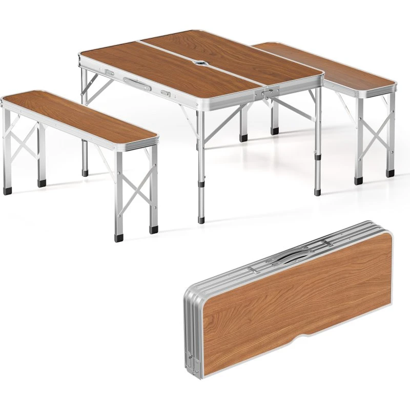 Wiltec Koffertisch mit 2 Bänken 90x66x70 cm Aluminium Holzdesign